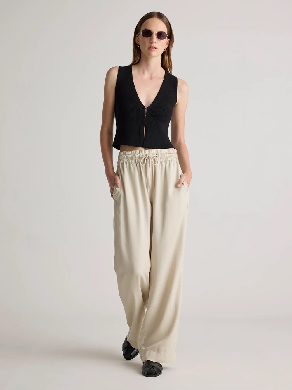 NWOT Quince Vintage Wash Tencel Wide Leg Pants - Sand & Navy Blue - Picture 8 of 8